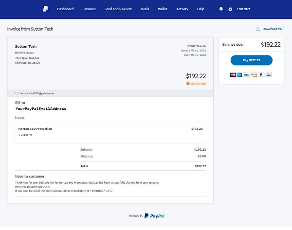 PayPal scam invoice