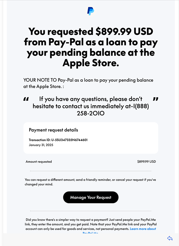 Paypal Apple Balance Loan scam email